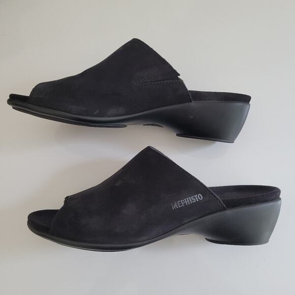 Mephisto Black Suede Leather Peep-Toe Low Heel Slide Sandals, Size EU 40, US 10 - Picture 1 of 13